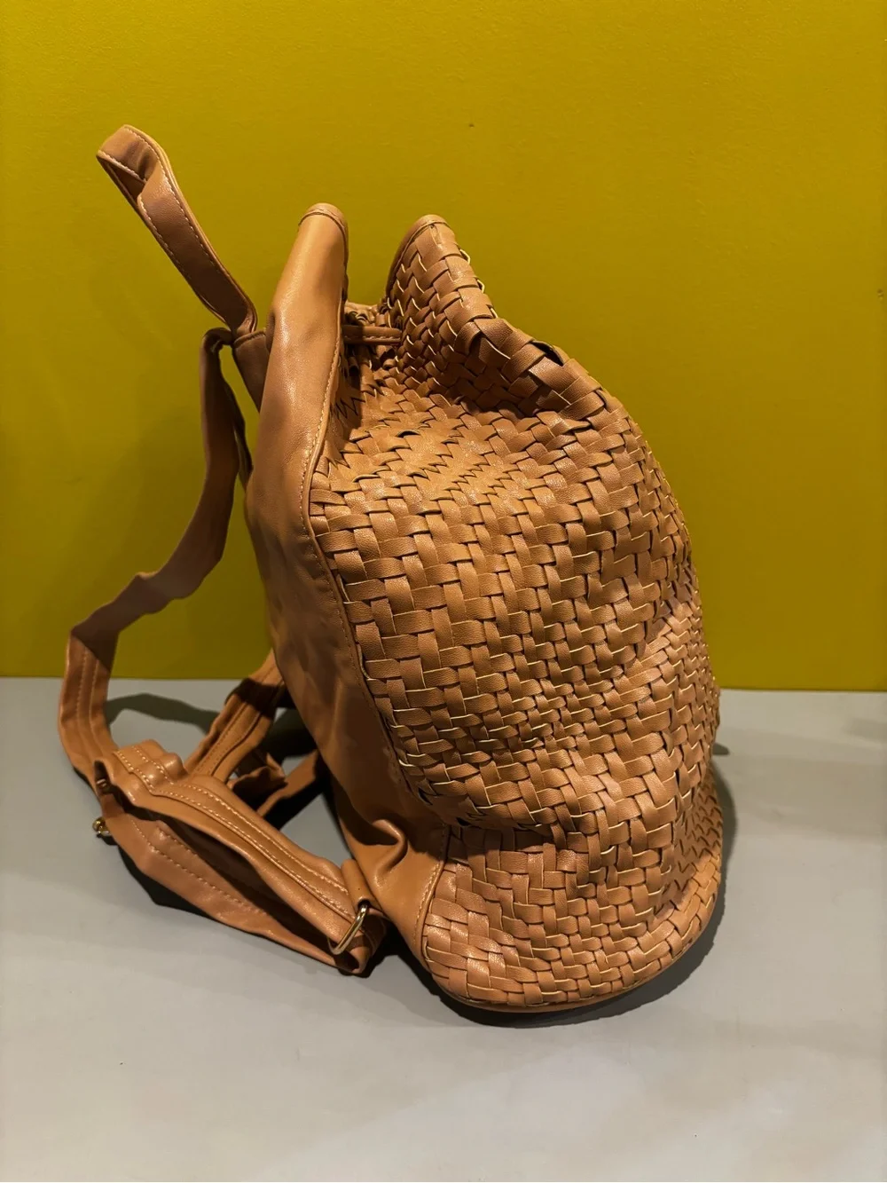 Woven Drawstring Bucket Bag in Tan